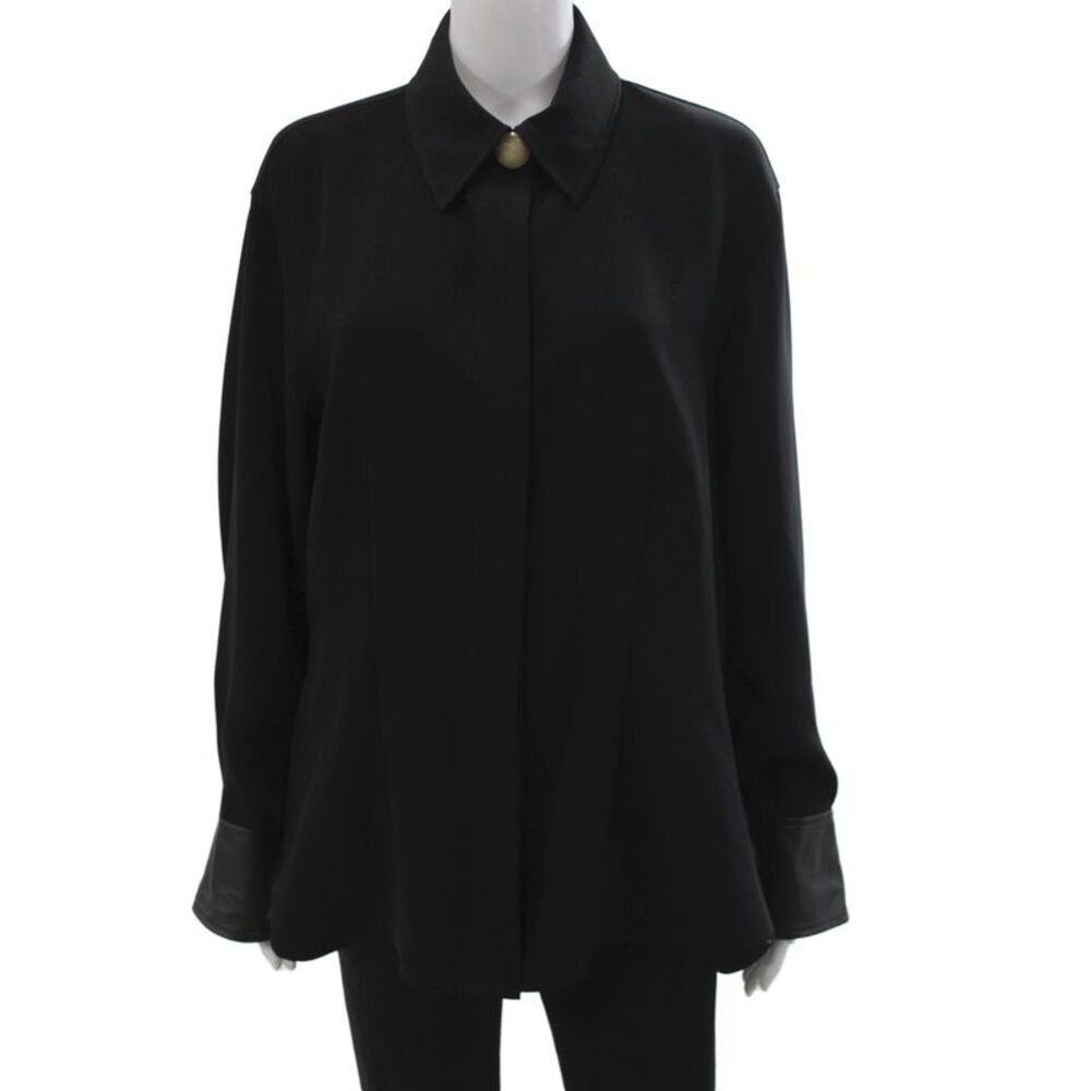 Vince Women Basic Button-Up Black Long Sleeve Collared Polyester Top Size L